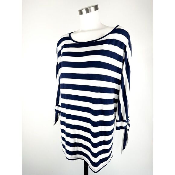 Soft Surroundings Women M Navy Blue White Nautical Stripe Sleeve Tie Top Shirt - Picture 1 of 8